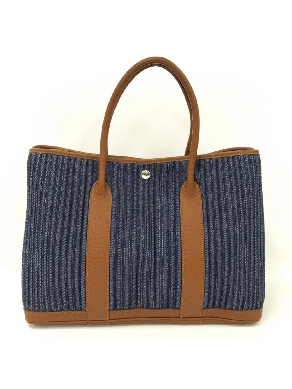Hermes Garden Party PM Tote Toile Denim Canele Indigo Brown